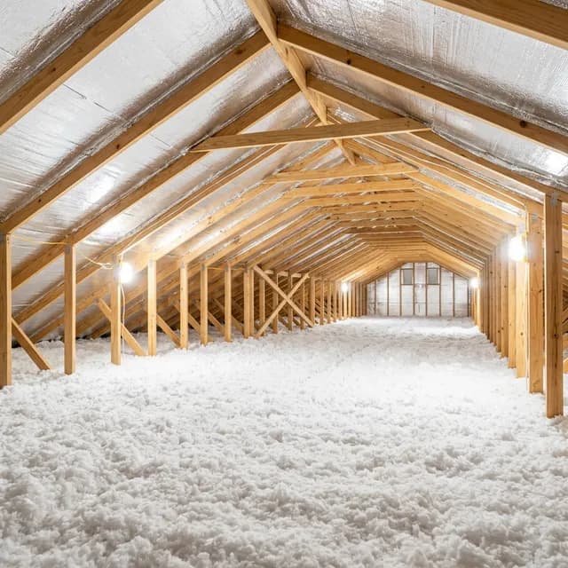 Pristine residential attic featuring professional thick white blown-in insulation and reflective radiant barrier