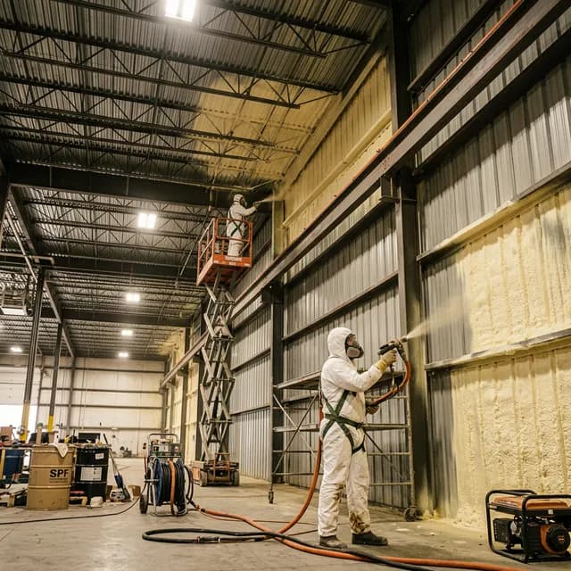 Technicians applying thick, industrial closed-cell spray foam insulation to the expansive steel walls of a Dallas corporate warehouse