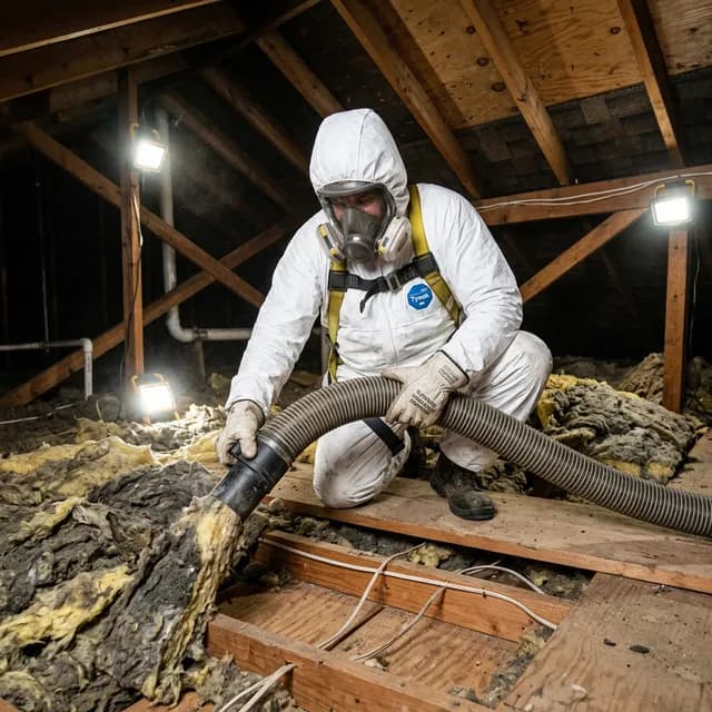 Technician safely extracting old contaminated fiberglass insulation from a Dallas attic using an industrial vacuum